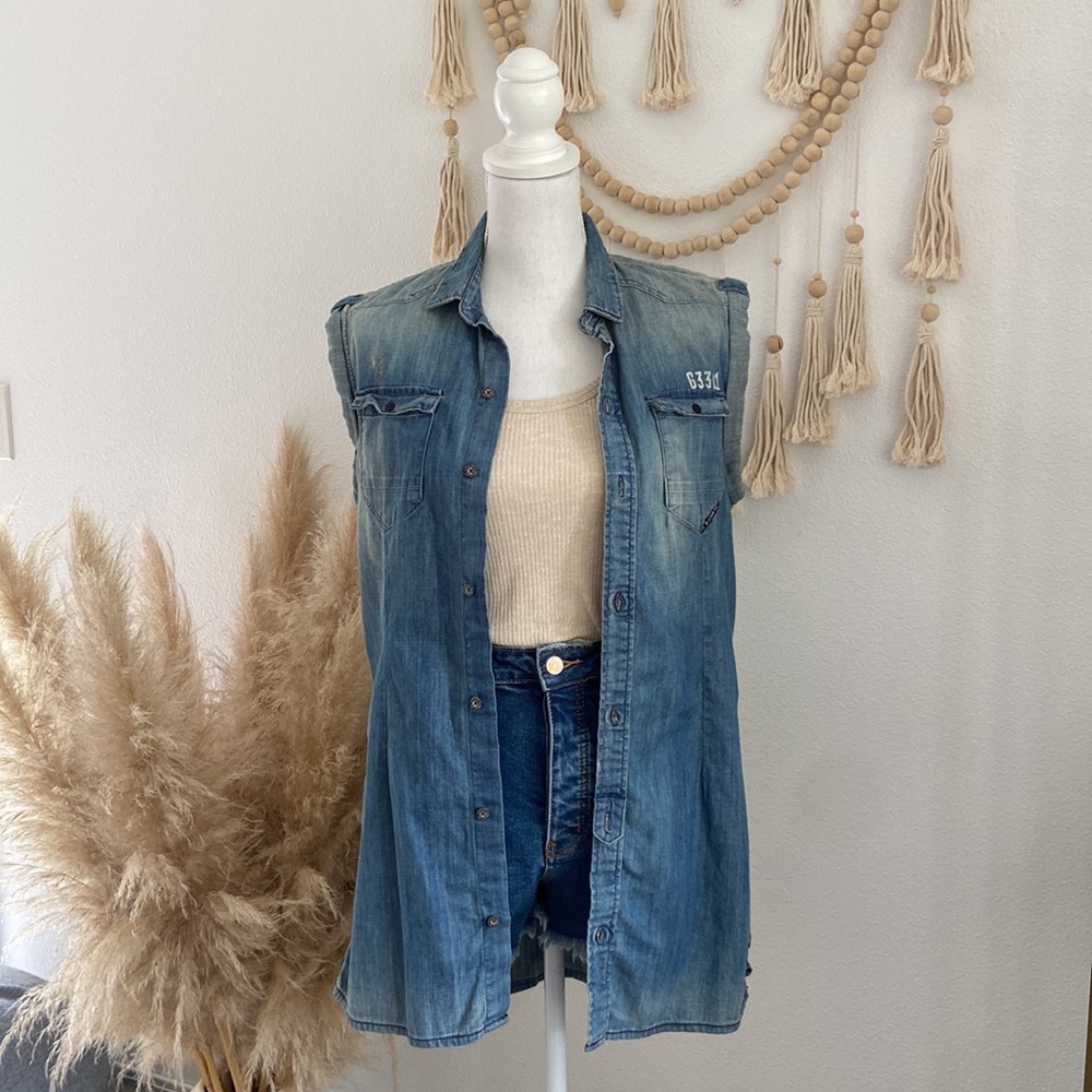 G-Star Raw sleeveless denim shirt dress jean vest tunic summer distressed medium